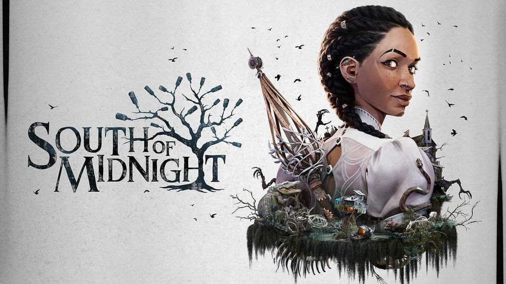 Promo art for Compulsion Studios's South of Midnight, showing protagonist Hazel Flood, a Black girl in a white dress and in her late teens looking back over her shoulder at the viewer.