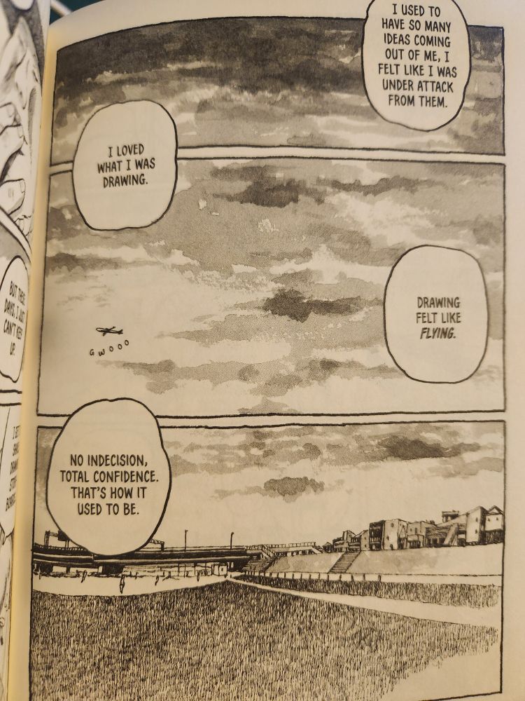 A sepia-toned three-panel page from Taiyo Matsumoto's TOKYO THESE DAYS, showing a baseball diamond from the outfield, and a plane flying overhead.

Four word balloons over the art. The speaker is Chosaku, an aging manga-ka talking about his youth as an artist.

"I used to have so many ideas coming out of me. I felt like I was under attack from them."

"I loved what I was drawing."

"Drawing felt like *flying*."

"No indecision, total confidence. That's how it used to be."