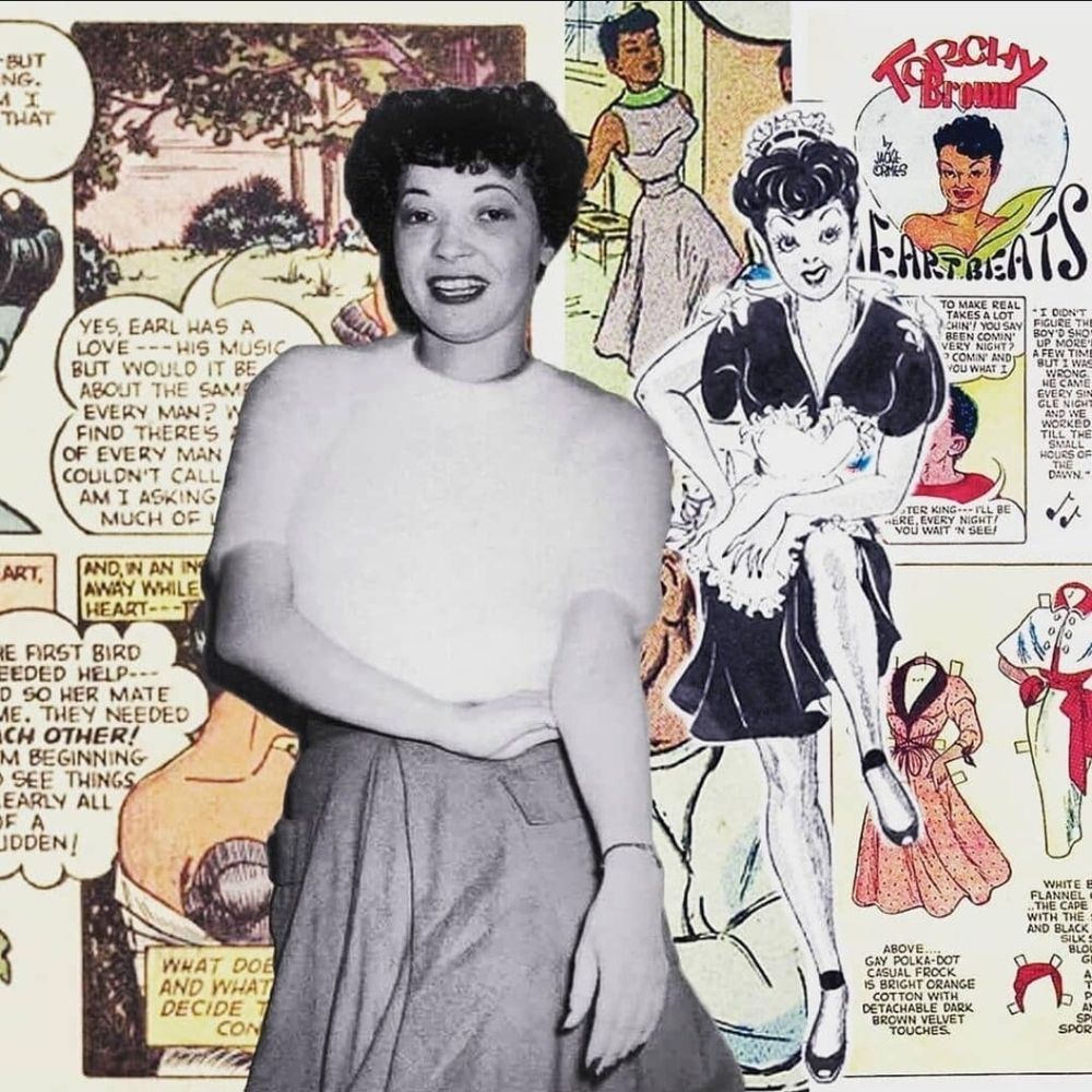 Black and white photo of groundbreaking Black American cartoonist, Jackie Ormes, standing in front of a page of her comics  including Torchy Brown.