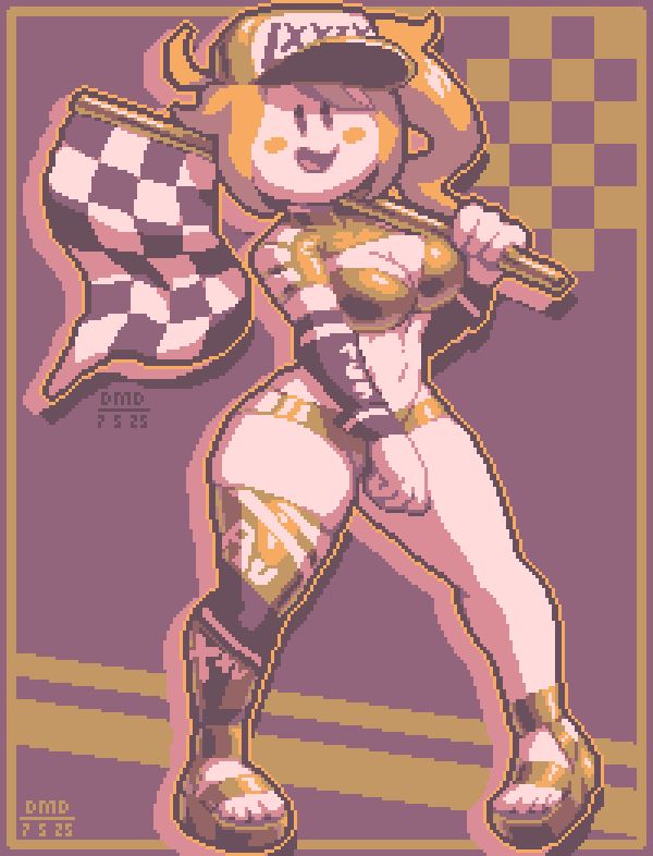 My OC Anita wearing a golden race queen outfit with a gold trucker-style cap.
The outfit is composed of a gold top and bottoms, black striped detached sleeves, a single gold thighhigh stocking on her right leg with white stripes and letters, and gold open platform shoes.

Anita is smiling at the viewer. while holding a black and white checkered flag.