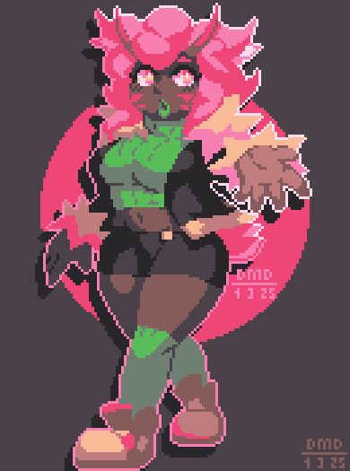 Misery (Miz for short), OC by AquaBlueStudios.

A pink haired black woman with horns and a small poofy tail. She is wearing a black jacket with a fuzzy collar and sleeves with a green turtleneck sweater underneath, as well as a black skirt and green kneehigh socks, with red sneakers.

She is extending her hand to the viewer, with a curious expression on her face.