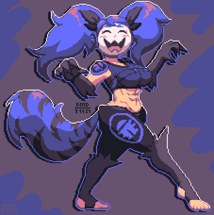 My OC Kei dressed as TheBluekr's Protogen, large blue hair and tail included.
She is doing a playful beast-like pose and has a huge fanged smile on her face.