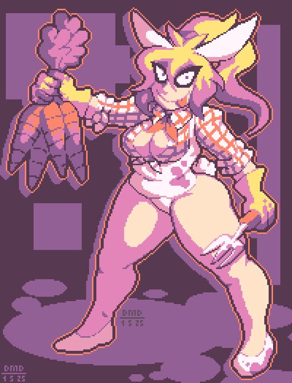 My OC Mary standing and holding a bunch of carrots on one hand and a hand fork on the other, while giving a cheeky expression to the viewer.

Mary is wearing an alternative bunny outfit, composed of a white and orange farmer-style tied shirt which exposes her cleavage, a white leotard around it, dirty yellow farming gloves, and white flats.
Her hair is in a ponytail.