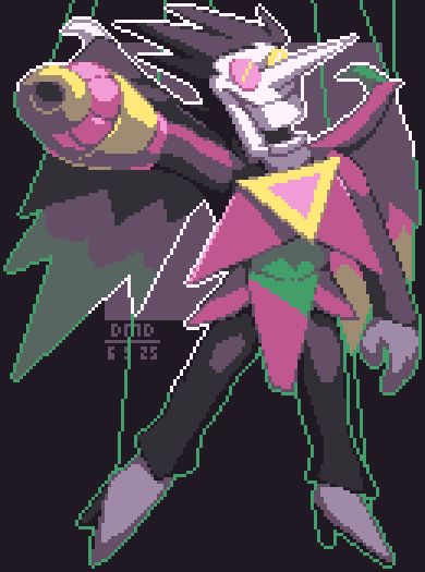 Spamton NEO from Deltarune, suspended by green strings, grinning and holding his arm cannon up.