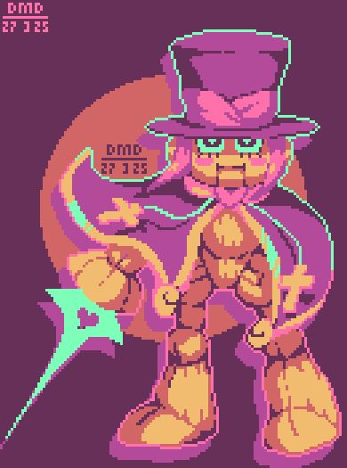 A wooden puppet girl with pink hair, wearing a purple top hat and a purple cape with gold/yellow accents and crosses hanging from it. One of her hands is transformed into a glowing light green blade.

She is in a standing, as the wind blows on her cape and hair.