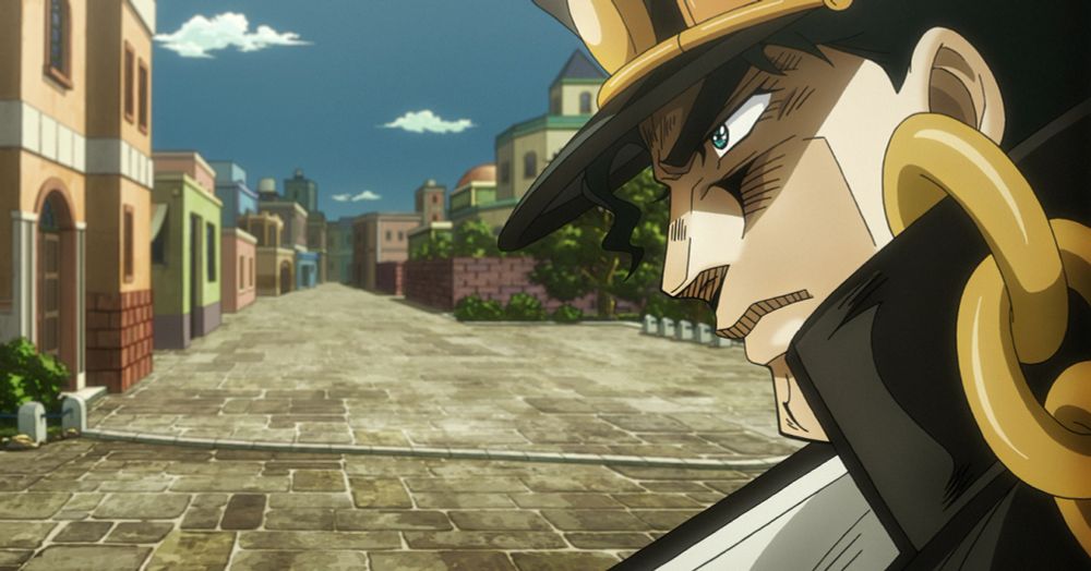 A stitched screencap showing Jotaro looking ahead at an empty street. Taken from the 39th episode of the Stardust Crusaders anime.