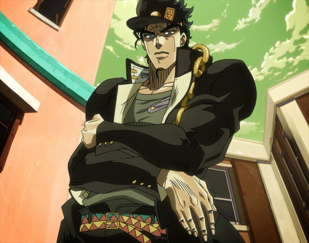 A low angle pan shot of Jotaro crossing his arms on his body, looking down at Alessi. Taken from the 33rd episode of the Stardust Crusaders anime.