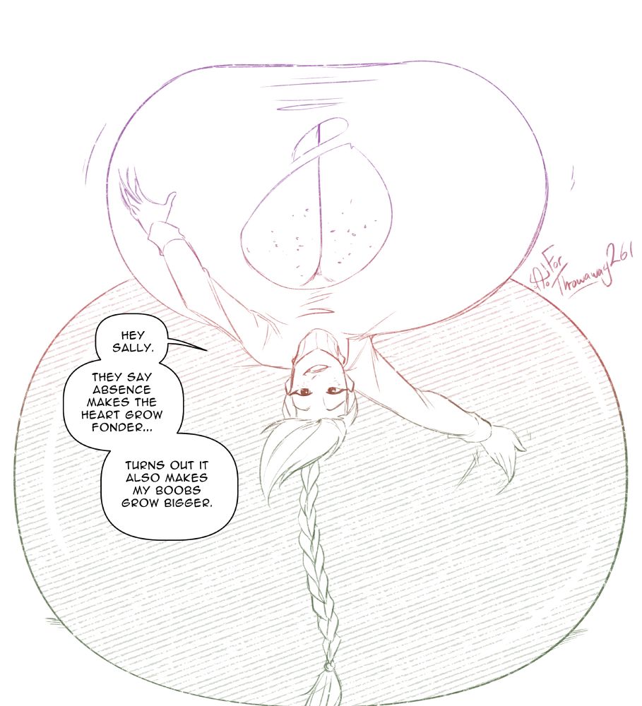 Sketch.  A woman, Irene, in a sweater, her long hair done up in a 3ft long braid.  Her breasts are inflated like massive party balloons, while a tear in her sweater reveals her freckled cleavage.  She's sprawled atop a balloon, head tilted back and looking towards the viewer.  Her left hand caresses a breast while her right caresses the balloon.  "Hey Sally.  They say absence makes the heart grow fonder...  Turns out it also makes my boobs grow bigger."  Illustration by @moosetracks80085.bsky.social