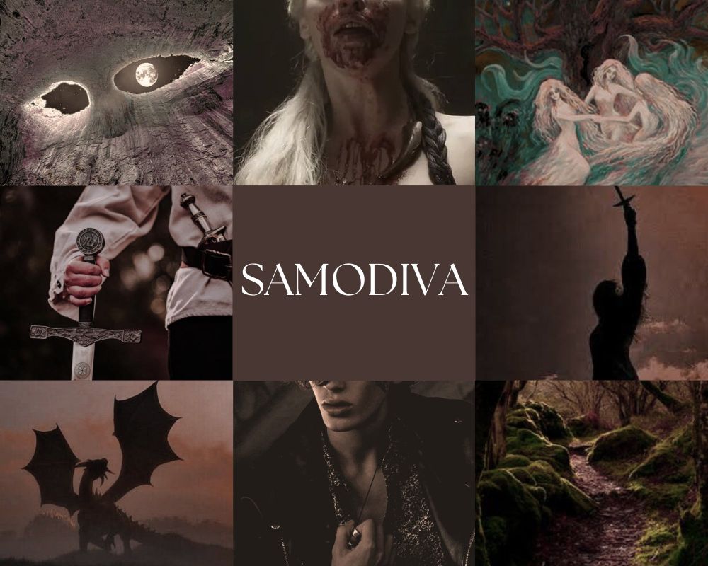 Mood board for SAMODIVA, an Adult Fantasy novel 

3 x 3 tiles

First row: cave resembling eyes, a woman with silver hair, a picture of samodivi dancing in a forest
Second row: a man holding a sword, title tile, a woman holding a sword
Third row: a shadow of a dragon, a man, a forest path