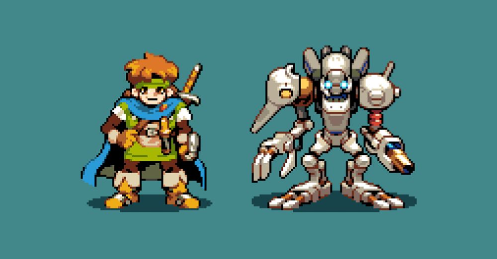 Fan pixel art sprites of the characters Max and Adam, based on their appearances in 'Shining Force Gaiden: Final Conflict'.