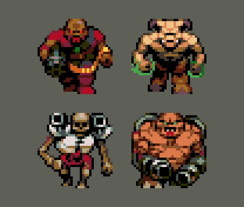 32x32px sized fan sprites of various Doom II enemies: the Heavy Weapon Dude, Hell Knight, Revenant and Mancubus.