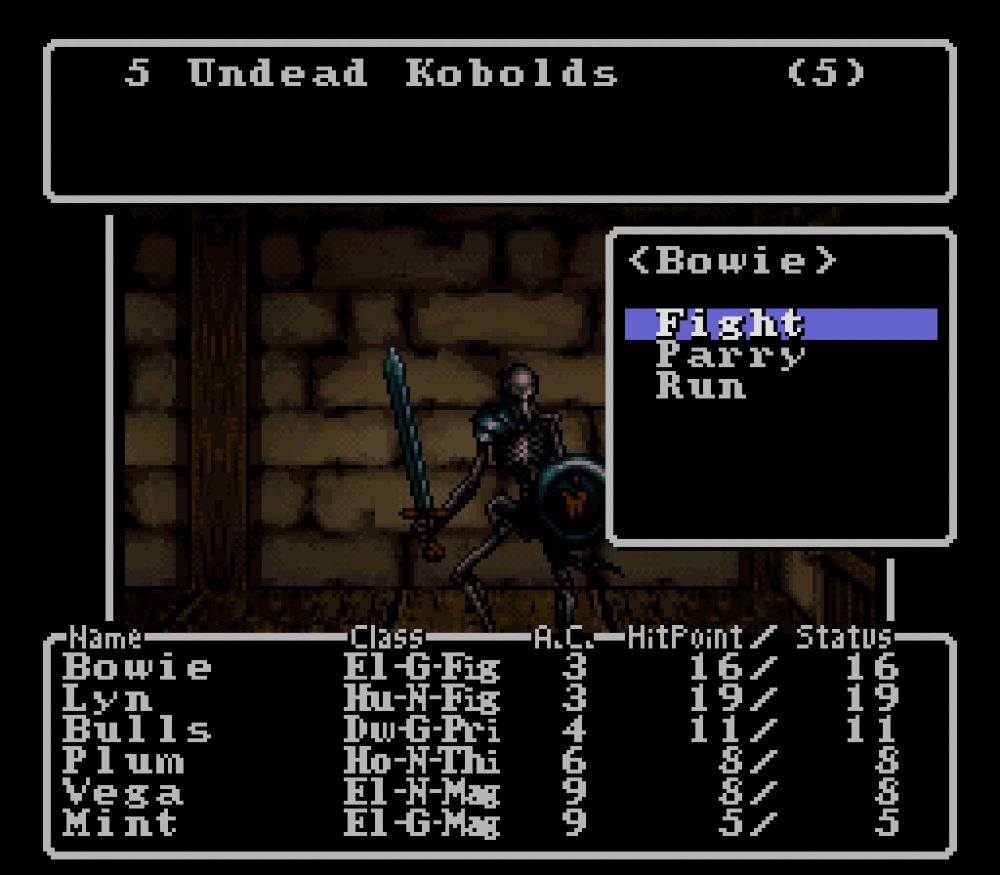 A screenshot from Wizardry I-II-III - Story of Llylgamyn (Super Famicom). A party faces off against a group of Undead Kobolds.