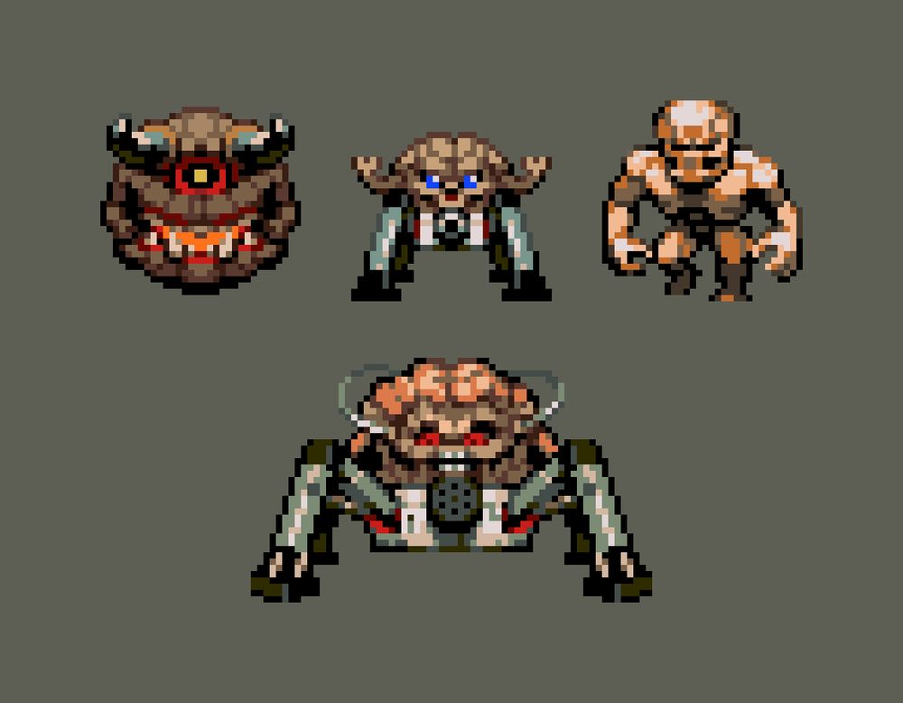Fan sprites of the following classic Doom monsters: pain elemental, arachnotron, arch-vile, & spiderdemon.