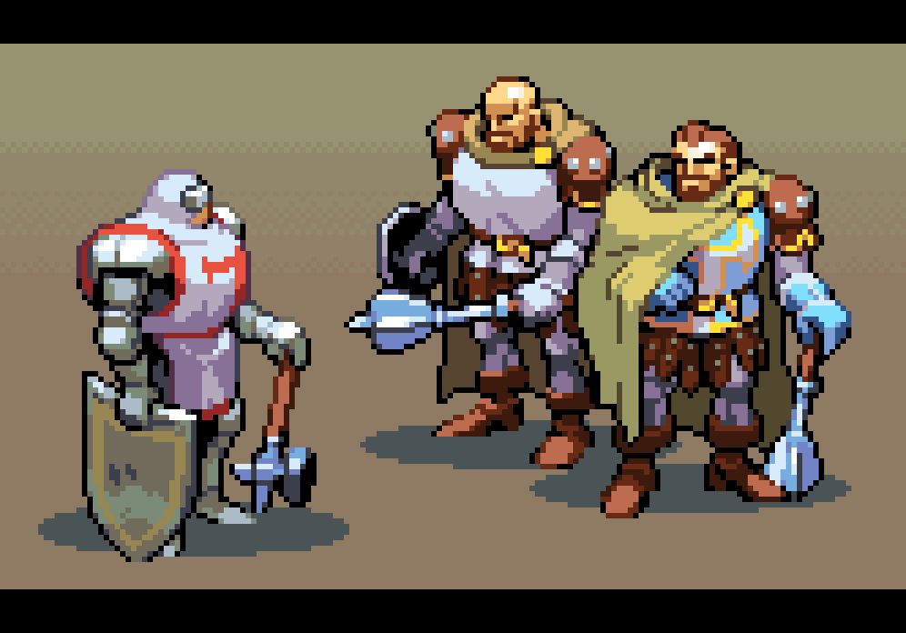 A pixel art fan illustration of a meeting between the Cleric player characters from the Capcom arcade titles 'The King of Dragons' and 'Dungeons & Dragons: Shadow over Mystara'.
