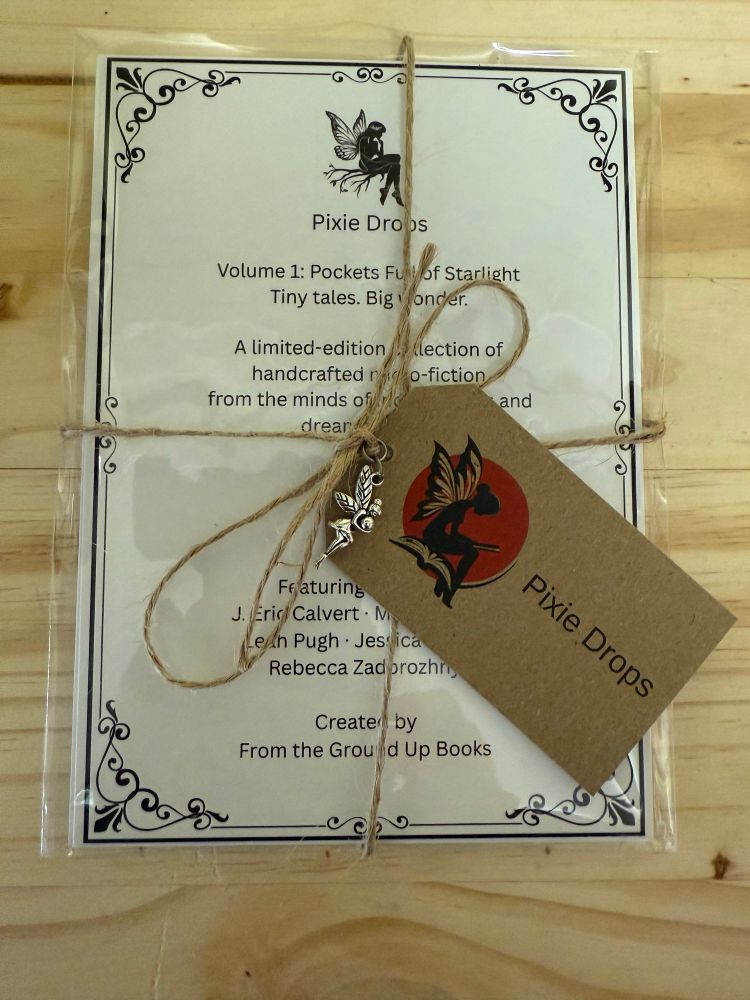 Picture of a packaged set of Pixie Drops. Microfiction stories from various authors.  