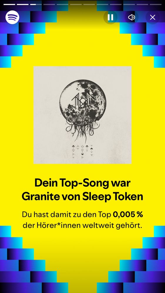Ein Bild aus Spotify Wrapped. In der Mitte das Cover des Albums Take Me Back To Eden von Sleep Token. Darunter der Text:
“Dein Top-Song war Granite von Sleep Token. Du hast damit zu den Top 0,005% der Hörer*innen weltweit gehört.”