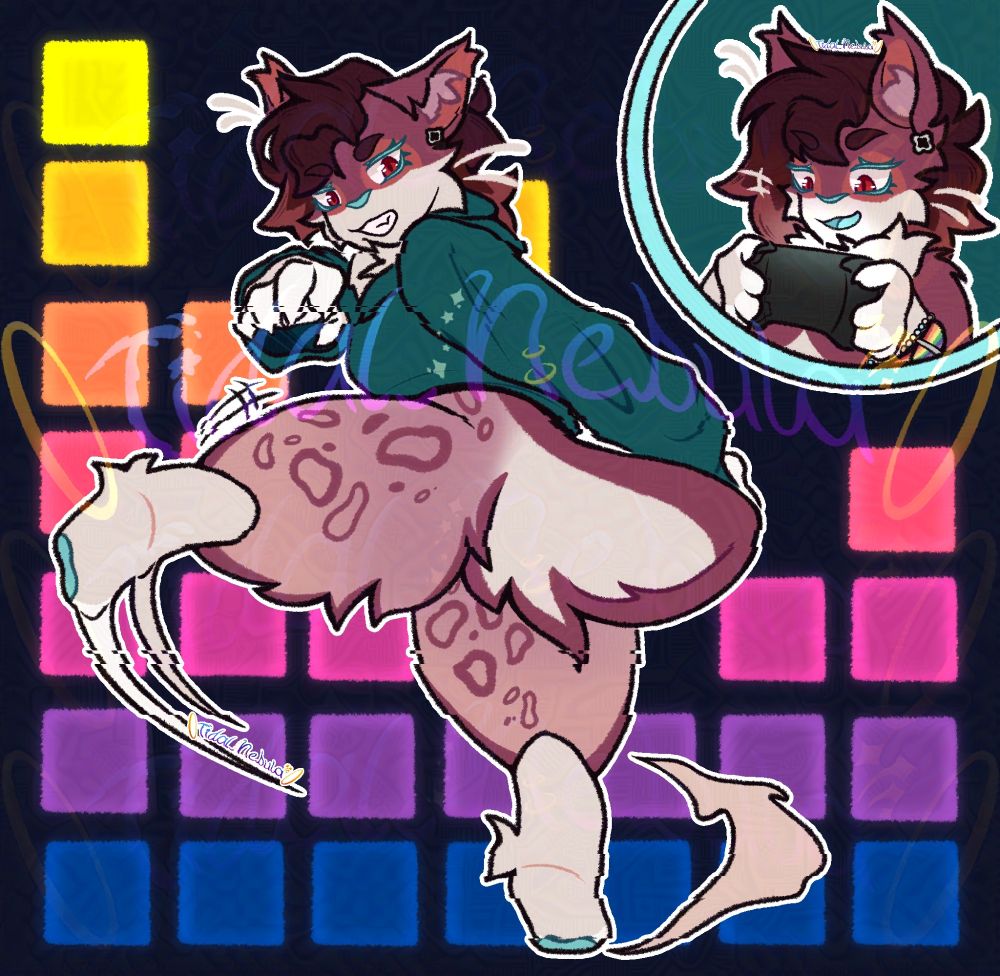 Fullbody and Headshot drawing of a character named Sophie! The fullbody pose is of Sophie doing a wide kick, back facing more towards the viewer, while her head is turned towards the viewer, grinning. There are slight visual glitches with the color and lineart.
In the top right corner, there is another drawing of Sophie, this time as a headshot, holding a game console, revealing that the fullbody Sophie is of her inside a game, presumably a fighting game.
In the background, a music visualizer is present, with colors resembling that of a retrowave sunset.