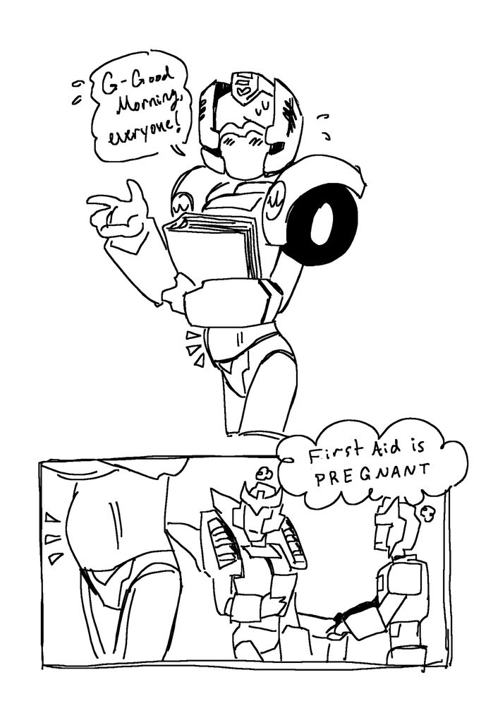 black and white comic showing first aid waving as he walks with an armload of books. He has a visible belly bump, and is saying “G-Good morning, everyone!” with sweat dripping down his face. The bottom panel shows first aid walking away while pharma and ambulon look after him with blank expressions and a shared thought bubble that reads “first aid is PREGNANT”