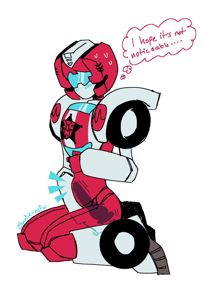 a drawing of transformers animated first aid sitting on his knees with a hand hidden between his legs. there’a an x-ray vision look into his abdomen, showing he’s got a massive false spike in his valve, creating a visible bump on his belly. he has a thought bubble that reads: I hope it’s not noticeable…