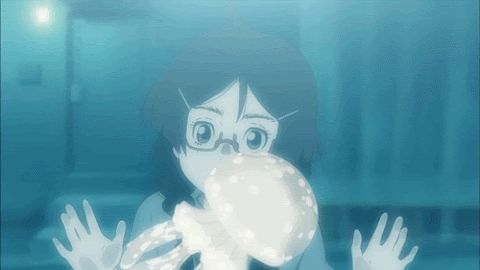 A gif of the main character from Princess Jellyfish, an anime series, looking at cute and soft looking jellyfish in an aquarium.