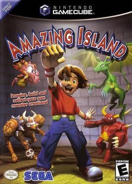 Coverage of the GameCube game: Amazing Island. It was a young kid looking happy and four different monsters around him by his side. He's ready to go on an adventure and make some monsters