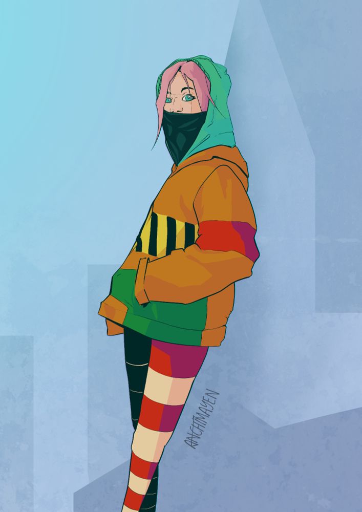 An illustration of my OC Frankie, she's a girl with a pink hair, blue eyes. She's wearing an orange coat with different patterns, different coloured stockings, and a turquoise hoodie with hood up.