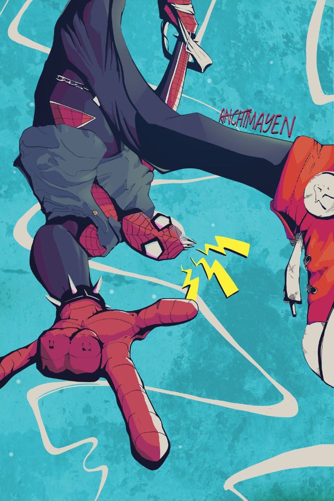An image of Spider-Punk, swinging with a spiderweb while hanging upside-down, his right leg facing forward like a kick and making the iconic web-sling gesture, middle finger, and ring finger folded inwards, with his free hand.