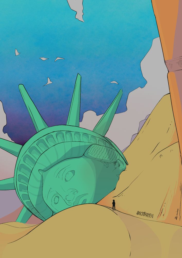 An illustration of the head of the Statue of Liberty covered in a lot of desert sand, a small figure is looking at it from one of the dunes.