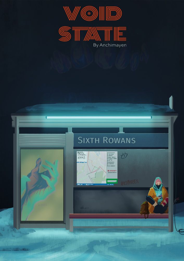 A concept of a book cover with an illustration of a girl sitting at a bus stop, while casually tapping into the power from the power generator to charge her phone. In the background, there's a silhouette of giant teeth looming over her and the stop. At the top of the illustration is the title Void state written and underneath that by Anchimayen in smaller letters