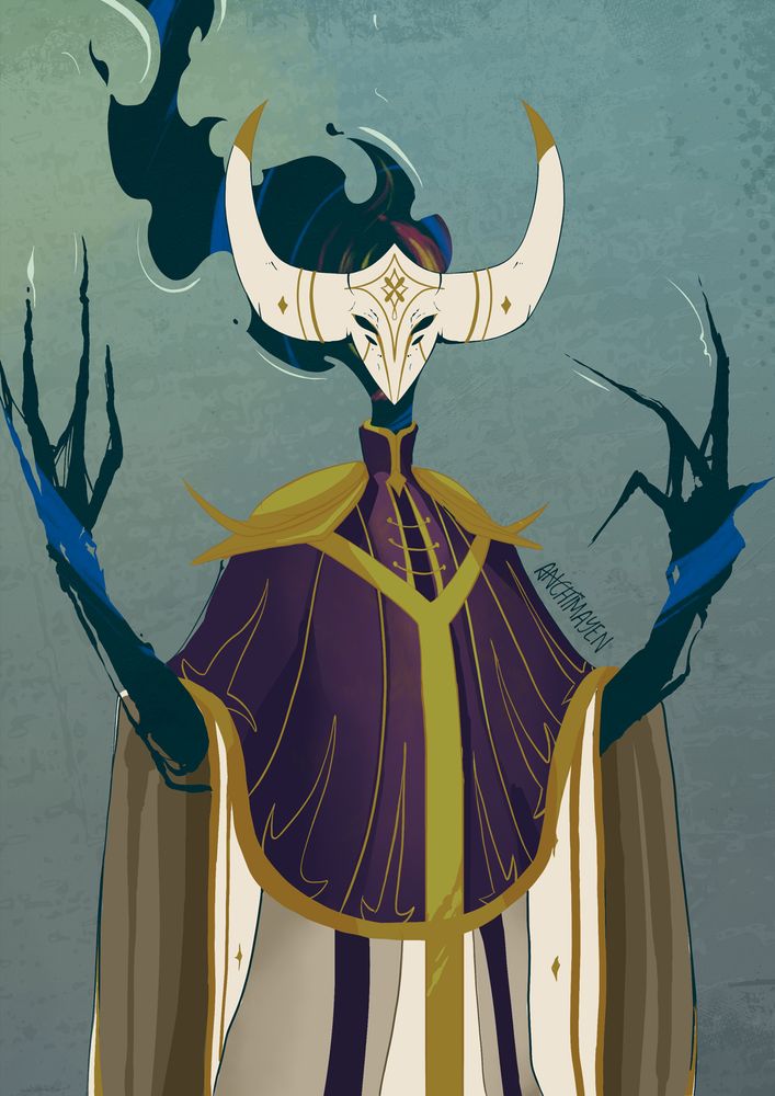 A Hollow Knight shade inspired creature. They have elegant clothes and a mask on with purple, off-white and gold accents that contrast with the goopy, and fire-y looking creature itself.