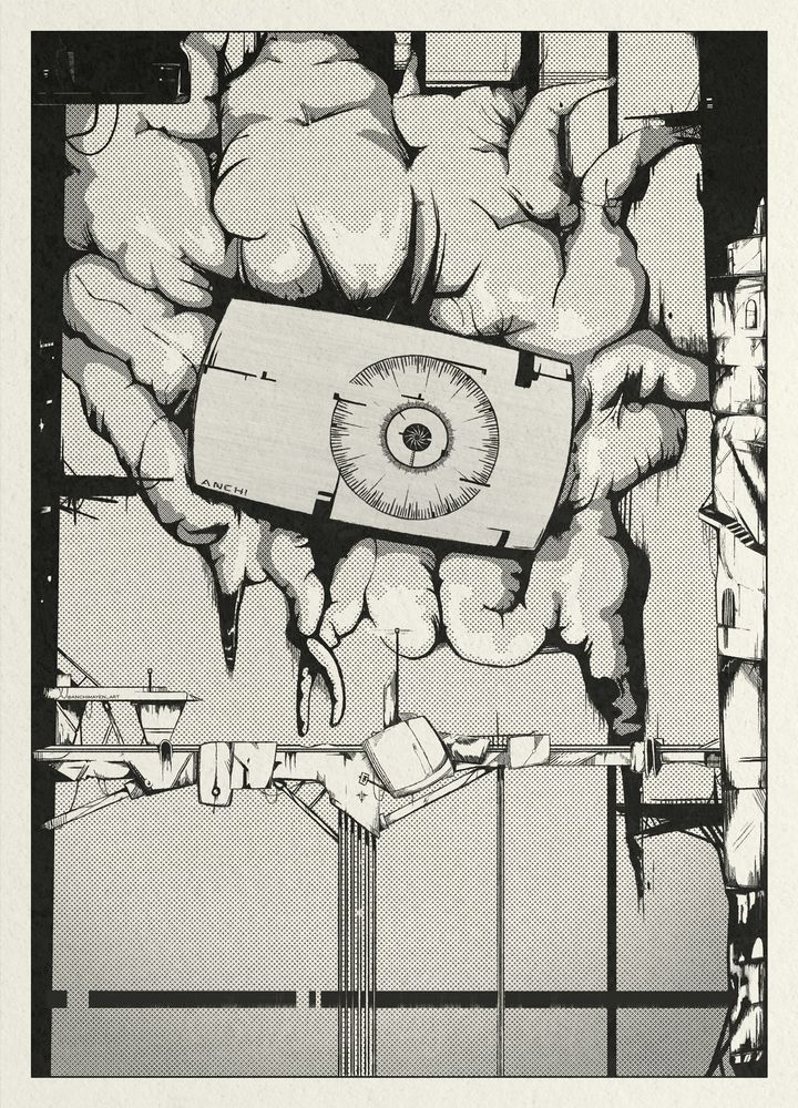 A black-and-white depiction of a dystopian megacity, inspired by the works in the manga Blame! There's a makeshift-looking bridge connecting two ginormous buildings, with an organic-looking creature with a screen for "face" looming over the whole structure.