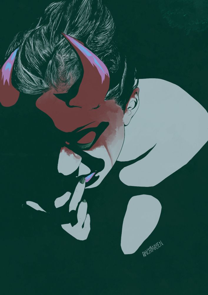 A very dramatic shaded illustration of a feminine figure with horns, looking down on her as she's touching her lip with the tip of her middlefinger 