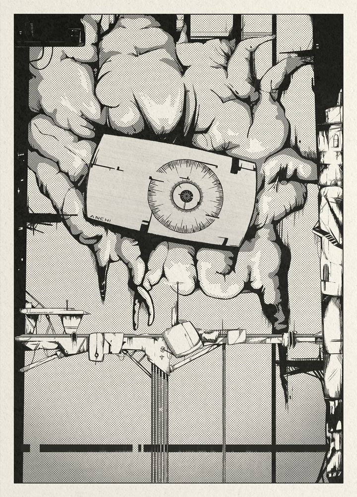 A black-and-white depiction of a dystopian megacity, inspired by the works in the manga Blame! There's a makeshift-looking bridge connecting two genormous buildings, with an organic-looking creature with a screen for "face" looming over the whole structure.