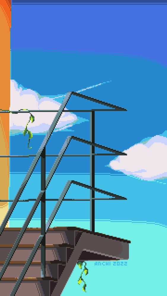 A pixel artwork of a scene with bottom-side view of stairs next to a building, a few vines are visible tangled around the metal balustrade. In the background there are a couple of clouds visible.