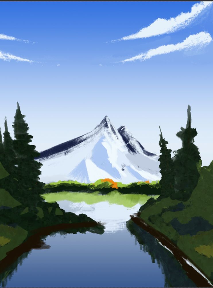 A digital interpretation of a Bob Ross painting "Mountains and Reflections" It depicts a forest near a lake and snowy mountain in the background.