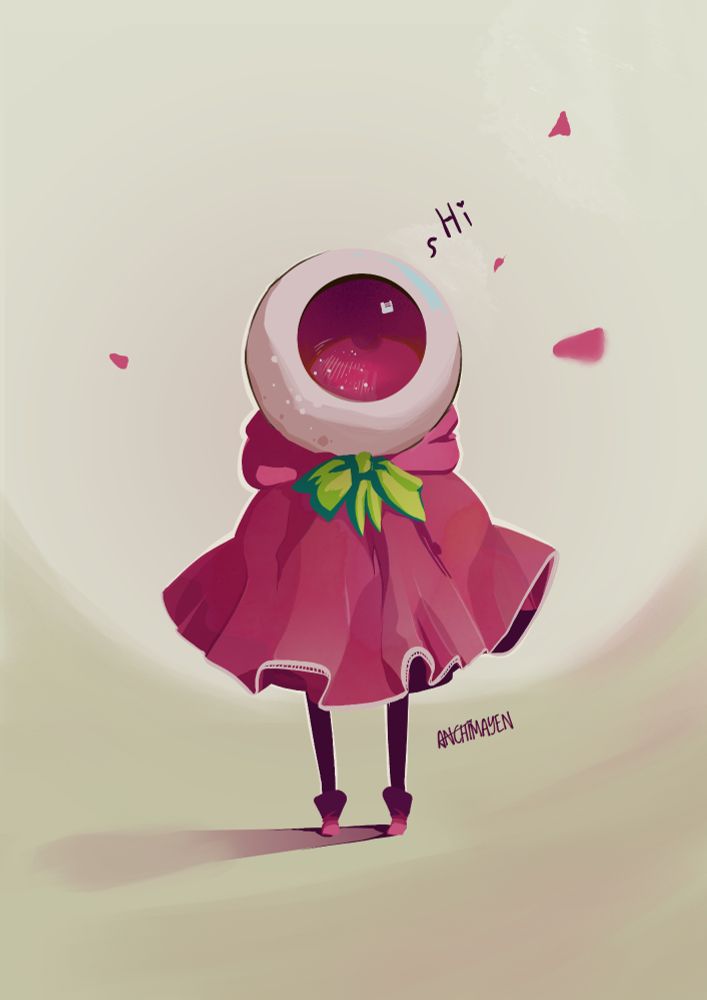 Glinthe, an eyeball creature with pink iris and a pink dress on with a green butterfly bowtie