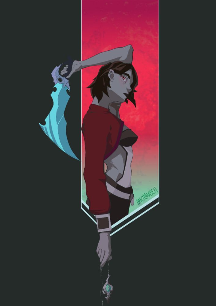 A feminine character with techwear clothing, holding a very edgy fantasy sword and a pendant in their other hand