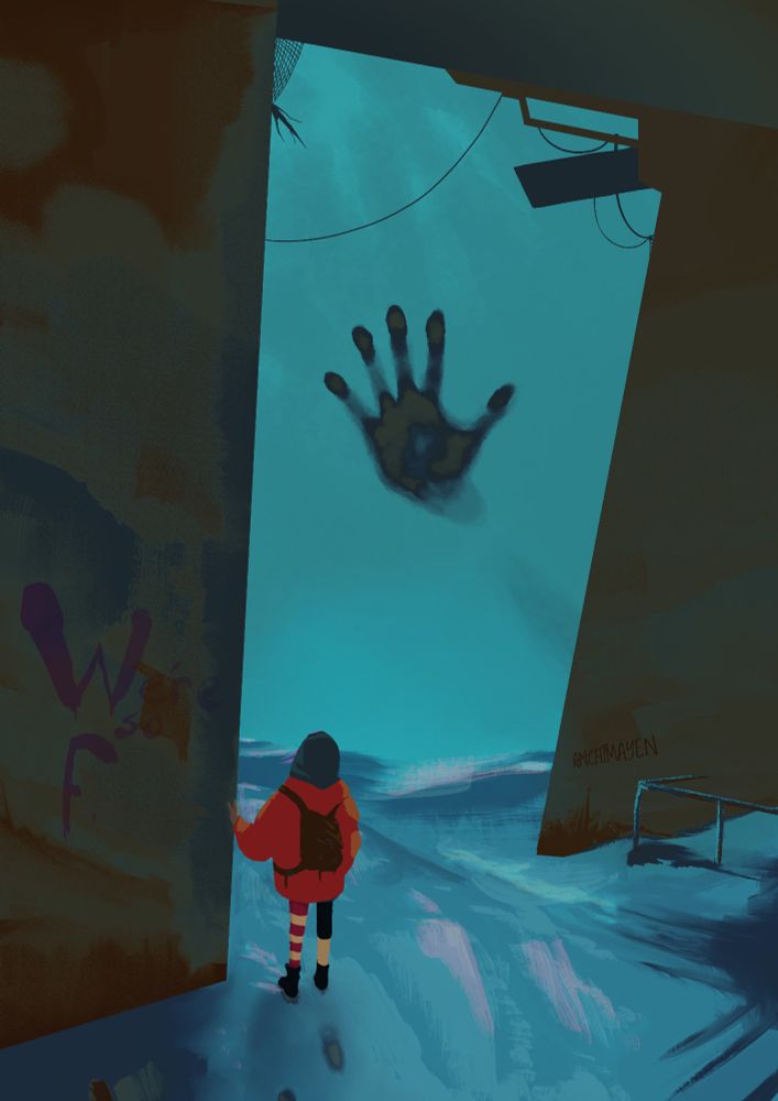 An illustration of a foggy city looking out from under a viaduct. A character with a bright orange coat is peaking at a giant hand coming from the fog, looking like it's pressing against something.