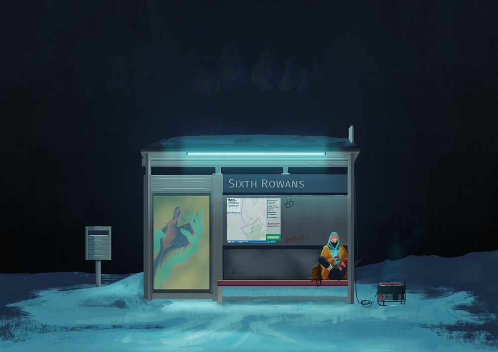 An illustration of Frankie sitting at a bus stop, while casually tapping into the power from the power generator to charge her phone. In the background, there's a silhouette of giant teeth looming over her and the stop.