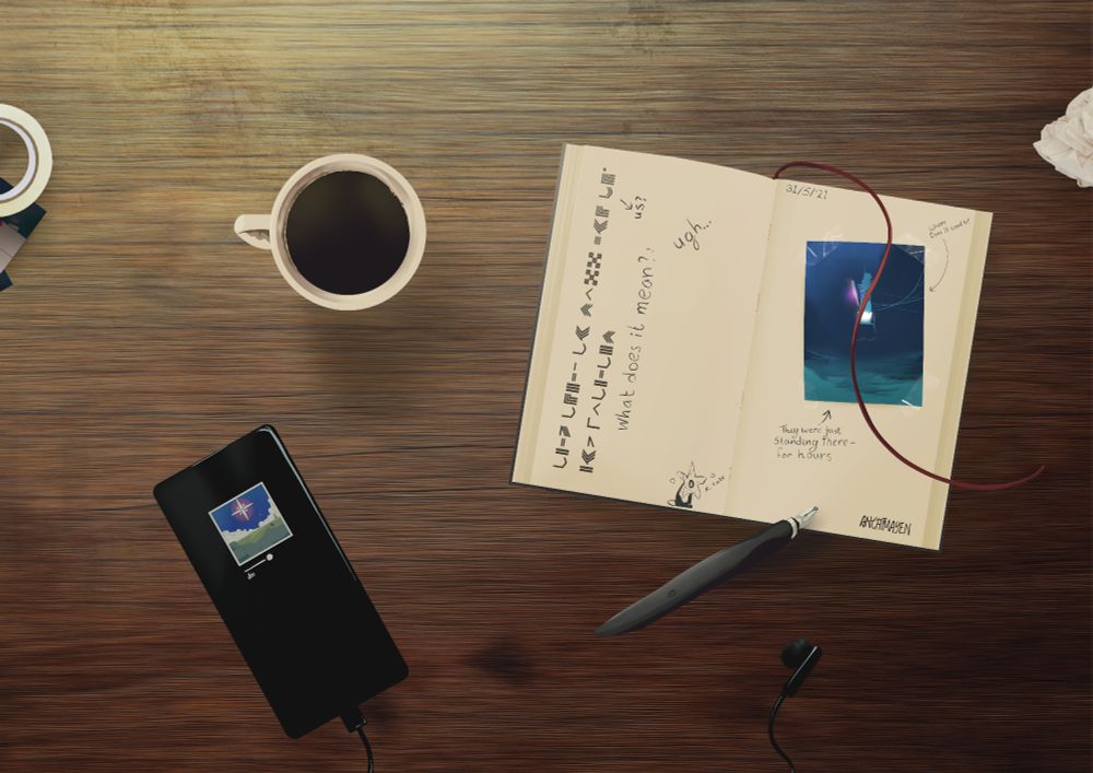 An illustration of a desk with numerous items on it. Including a diary with a picture of a mysterious tower in it. Around it are some scribbles saying the date 30th of April in a year ending with 21, some rambling about what happens in the picture. On the other page is a script consisting out of shapes, underneath it is written "us?" what does it mean? ugh...