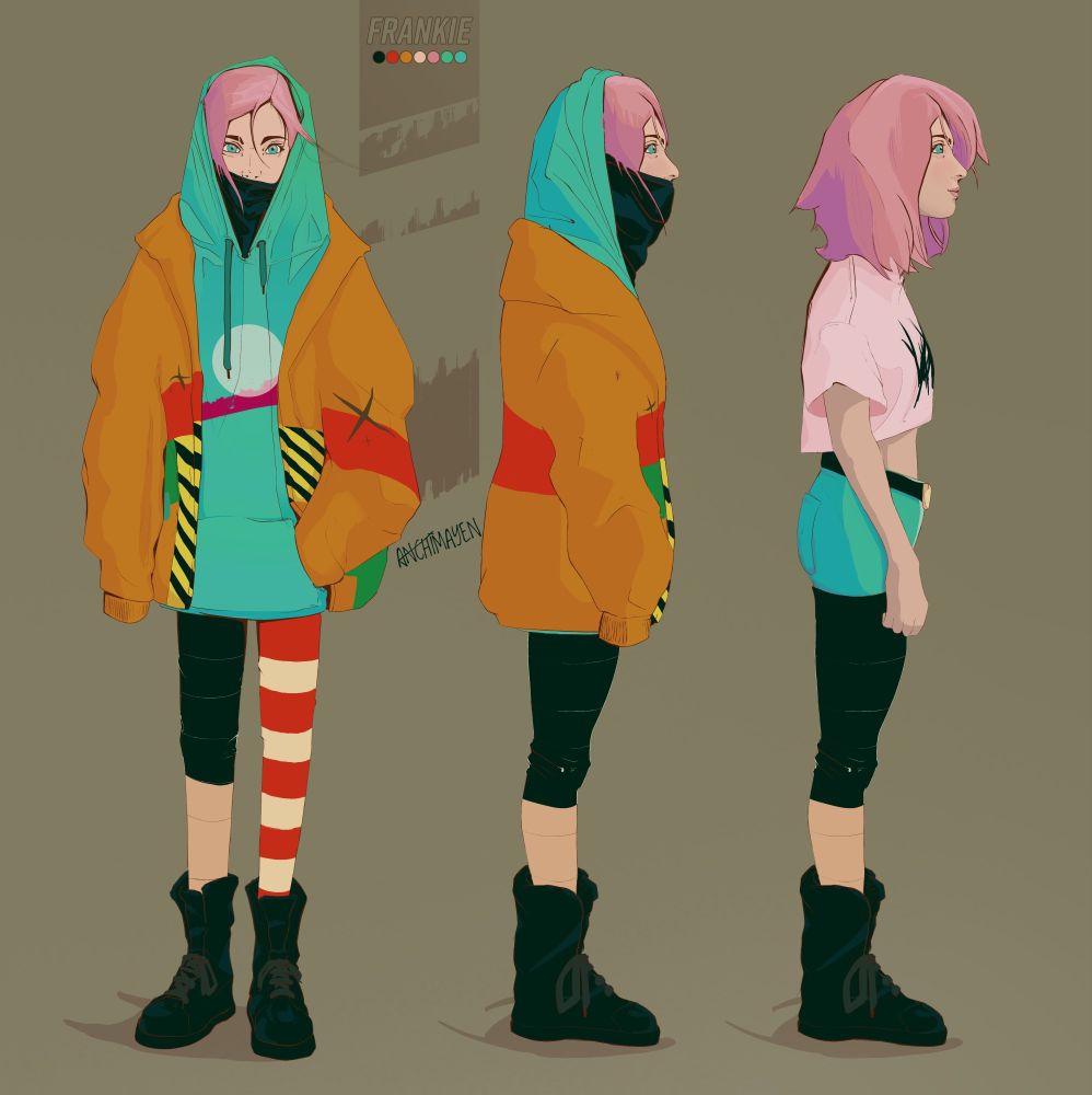3 Illustrations of the same character, first front facing, a girl with pastel pink hair in a very baggy hoodie and coat. The coat has several different patterns on it. She wears stockings with two different color palettes; the left is dark with a tan bottom, and the other leg has red and white stripes. The one next to it is the same but turned sideways. The one next to that is the same character without a hoodie and coat, revealing her light pink crop-top and jeans