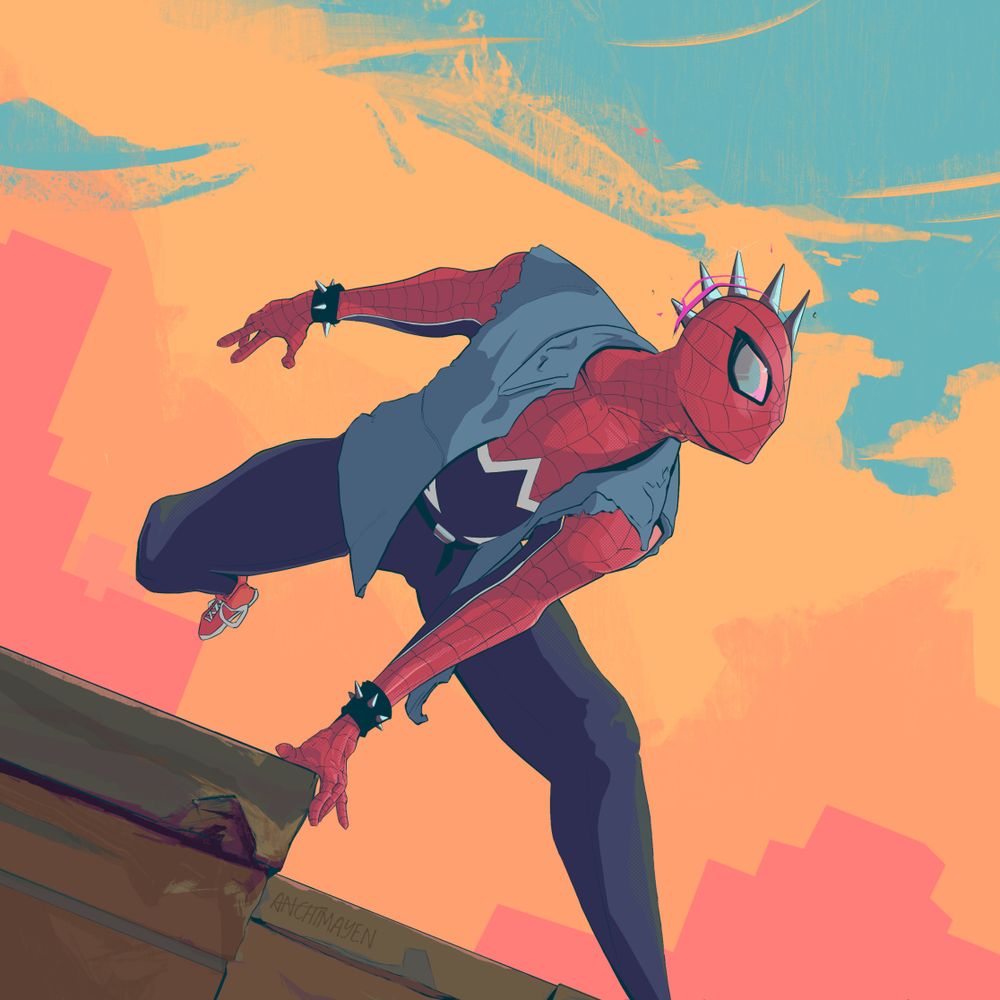 Spider-Punk character leaping over a building, planting his hand on the edge of the structure to steer a bit and gently push himself into his next spidey swing. The background is vibrant with blues, yellows and orange suggesting it's during the golden hour of the day.