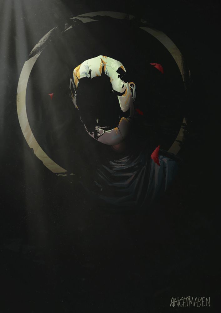 Fan art of the character The Curator from the game Clair Obscur: Expedition 33. It is a very dimly lit scene, making the hollowed face blend seamlessly into the darkness of the rest of the scene. There's a tattered halo around it and some rose petals