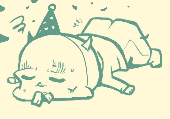 Skull sona exhausted, but with a party hat on and confetti around them