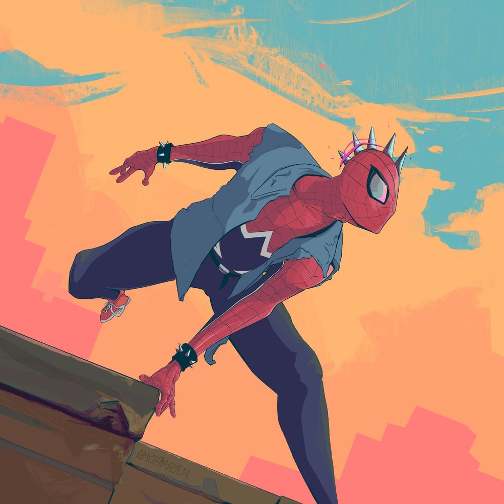 Spider-Punk character leaping over a building, planting his hand on the edge of the structure to steer a bit and gently push himself into his next web swing. The background is vibrant with blues, yellows and orange suggesting it's during the golden hour of the day.