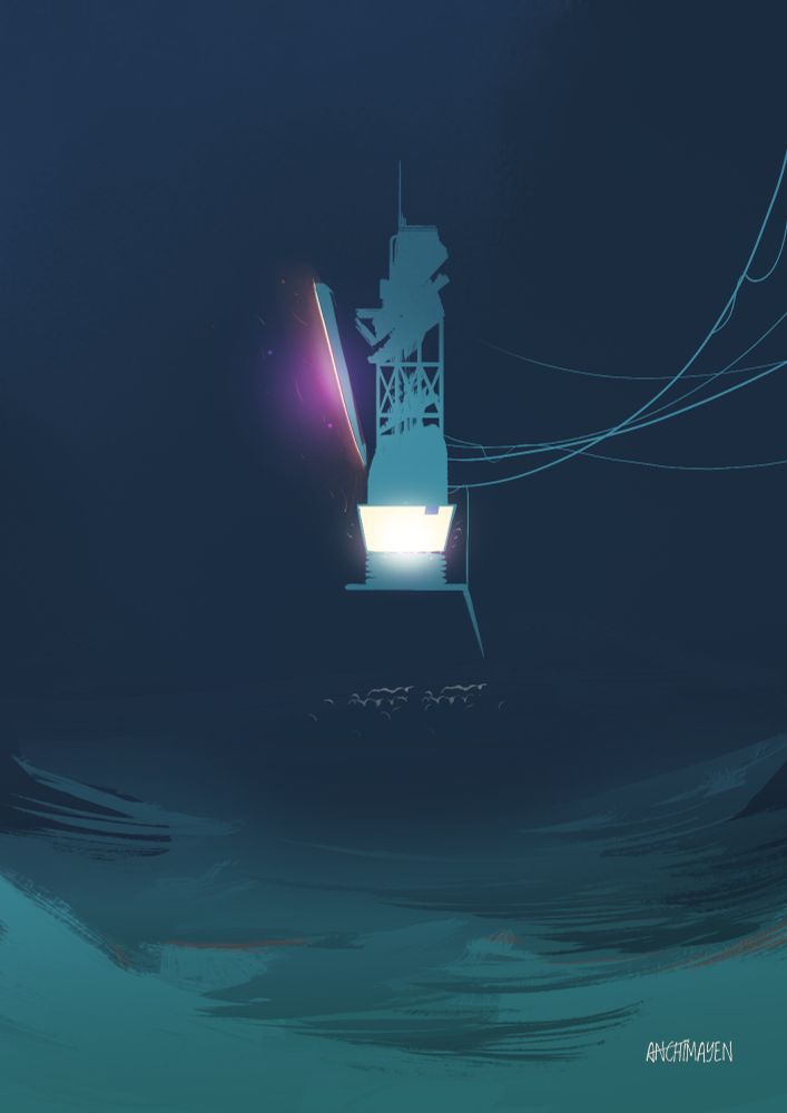 An illustration of a tower, it's all wired up on one side, and broadcasting some imagery above a crowd in a gloomy snowy place