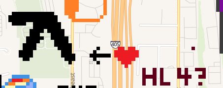 Pixelized versions of the Aphex Twin logo with an arrow pointing to it, a pixel heart and then the text "HL4?" next to it.