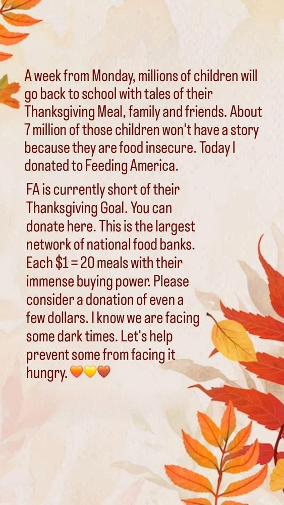 This photo is an appeal for donations to Feeding America for Thanksgiving food drive. 