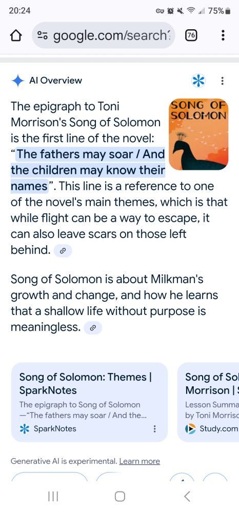 First line of Toni Morrison's Song of Solomon incorrectly reported by Google search AI bot 