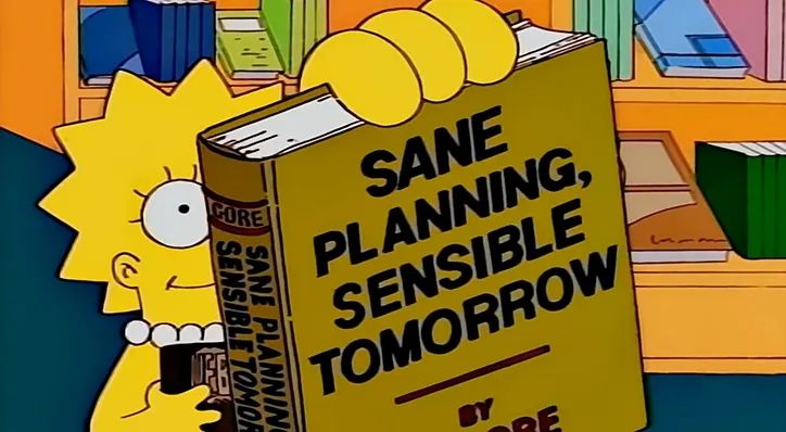 Image of Lisa Simpson from the cartoon television show The Simpsons holding a book which title is Sane Planning, Sensible Tomorrow 